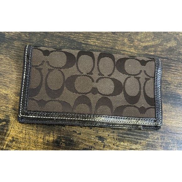 Coach Handbags - Coach Checkbook Cover Signature Brown Logo Jacquard Fabric Leather Trim Wallet